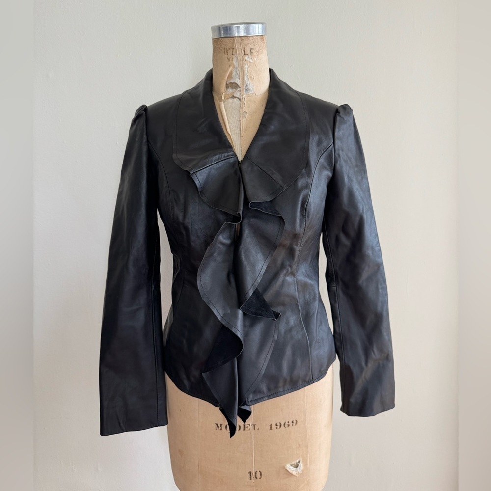 NWT Neiman Marcus lamb leather jacket black ruffle small